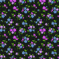 Fototapeta na wymiar Seamless floral pattern for design. Small pink and purple flowers. Dark background. Modern floral texture. A allover floral design in bright colors. The elegant the template for fashion prints.
