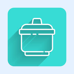 White line Cooking pot icon isolated with long shadow. Boil or stew food symbol. Green square button. Vector Illustration