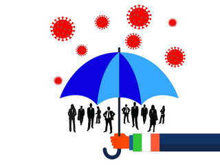 Business people vector flat illustration during Coronavirus Covid-19. Coronavirus infection control. Immune system protectio, support. 
government protection with umbrella