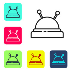 Black line Needle bed and needles icon isolated on white background. Handmade and sewing theme. Set icons in color square buttons. Vector Illustration