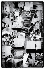 Torn street advertisement posters collage background texture creased crumpled ripped paper backdrop surface placard