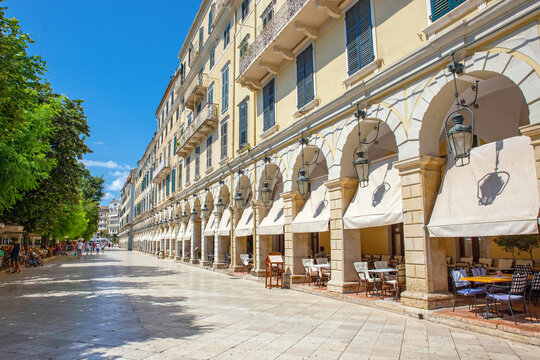 CORFU, GREECE, 13 JULY 2019: The Liston, Corfu Town, UNESCO World Heritage Site, Corfu, Ionian Islands, Greek Islands, Greece, Europe