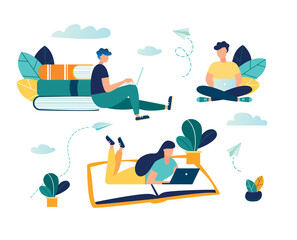 vector illustration people learn and gain knowledge. The creative design of the schedule students learn on books. stylish vector for posters, banners, websites, booklets, flyers, cards