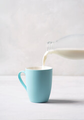 Milk is pouring into a blue mug from a glass bottle. Gray concrete table, vertical orientation, there is copy space.