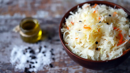Sauerkraut in a bowl.
Healthly food. Fermented foods.