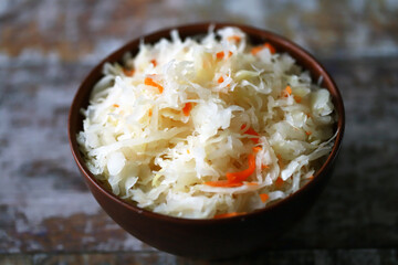 Sauerkraut in a bowl.
Healthly food. Fermented foods.