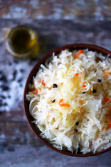Sauerkraut in a bowl.
Healthly food. Fermented foods.