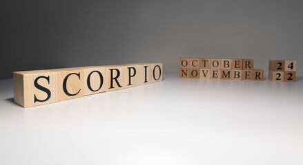 Scorpio word on wooden cubes on white background.