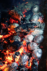 Pieces of meat are baked in foil on red coals