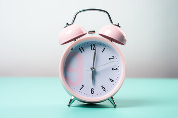 Detail close up of the old pink vintage alarm clock on colour background.