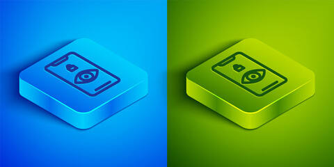 Isometric line Eye scan icon isolated on blue and green background. Scanning eye. Security check symbol. Cyber eye sign. Square button. Vector Illustration