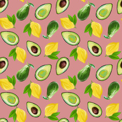 Bright vegetarian Fruit Painted Seamless Pattern hand-drawn in gouache avocado and lemon on pink background. Design for textiles, packaging, fabrics, menus, restaurants