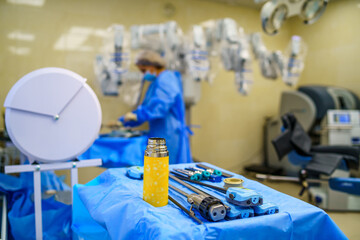 Modern surgical system. Medical robot. Minimally invasive robotic surgery. Da Vinci Surgery.