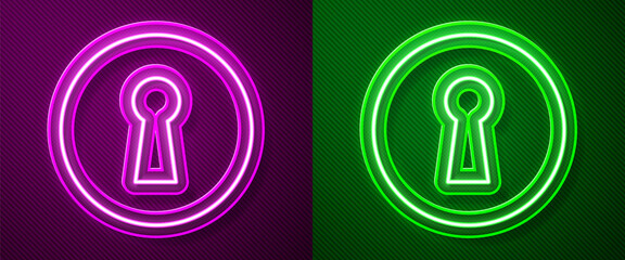 Glowing neon line Keyhole icon isolated on purple and green background. Key of success solution. Keyhole express the concept of riddle, secret, security. Vector Illustration