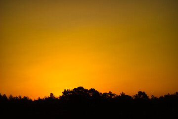 Fototapeta na wymiar Sunset in the mountains, the silhouette of the woodlands and the orange skies