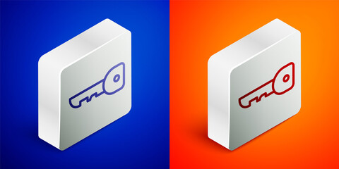 Isometric line Key icon isolated on blue and orange background. Silver square button. Vector Illustration