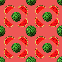Seamless watermelons pattern on coral background. background with gouache watermelon slices. Fresh fruits seasonal background flat style