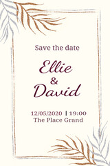 Wedding invitation cards with golden geometric lines golden and silver frames and leaves....