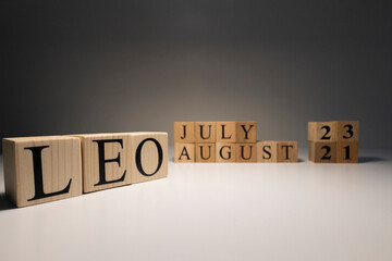 Leo word on wooden cubes on white background.