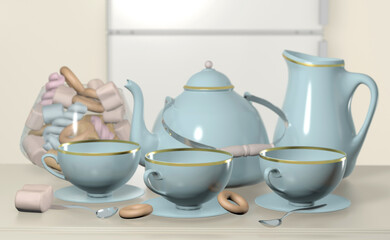 Fototapeta na wymiar 3d illustration of blue tea set with kettle cup and candy white still life