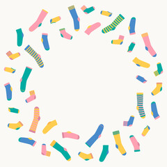 Fototapeta na wymiar Vector illustration of round frame made of colorful socks.