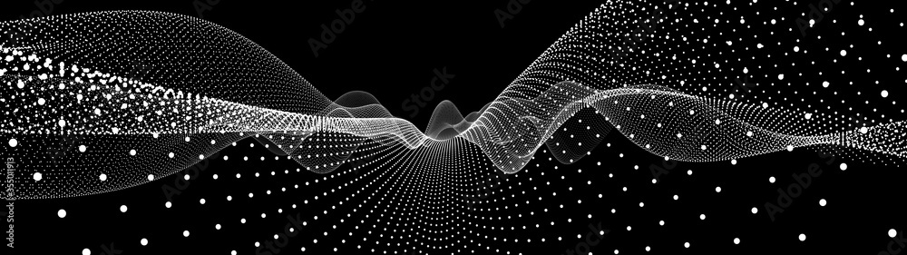 Poster abstract gradient dynamic wave of particles. network of bright points or dots. big data. digital bac