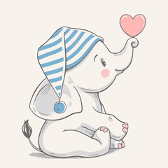 Hand drawn vector illustration of a cute baby elephant in a striped sleeping cap.