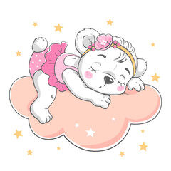 Vector illustration of a cute baby bear, sleeping on the cloud among the stars.