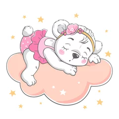Fototapete Niedliche Tiere Vektorillustration eines niedlichen Babybären, der auf der Wolke unter den Sternen schläft.