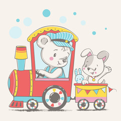 Vector illustration of a little bear and puppy, traveling in a toy locomotive.