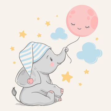 Hand drawn vector illustration of a cute baby elephant in a sleeping cap, holding the moon with his trunk.