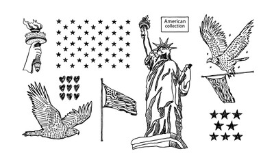 Vector sketch collection. Statue of Liberty, eagle, USA flag, hearts, stars. Illustrations for American holidays, print for t-shirts, cards, posters.
