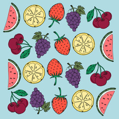Hand drawing vector pattern of fruits on blue background.