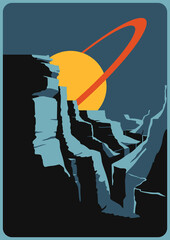 Distant Planet Landscape Poster, Mid Century Modern Style, Saturn, Extraterrestrial Rocks
