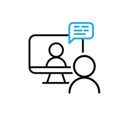 Video chat conference icon. People on computer screen. Home office. Digital communication. Internet teaching media.