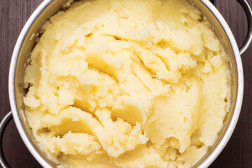 Mashed potatoes in a pan, top view