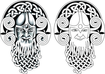 Viking tattoo, bearded barbarian of Scandinavia, Symbol of force, courage.
