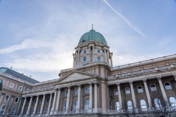 Dome facade of national gallery at Buda Palace in Budapest winter morning