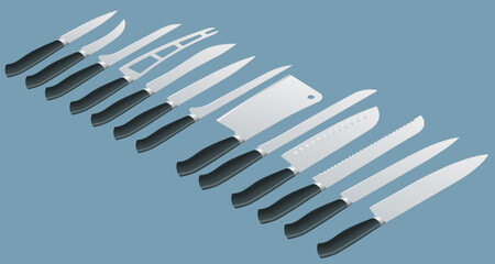 Isometric Knives butcher meat knife set. Cleaver, filleting, french, boning, carving. Kitchen drawknife or cleaver and sharp knifepoint illustration isolated on background.