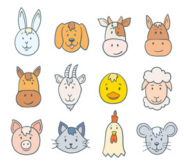 Obraz premium Set of cartoon animal faces on white 