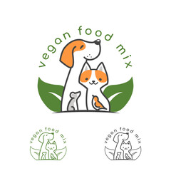 dog and cat, mouse and bird, green leaves vegan food for pets logo. vector