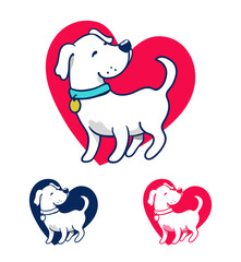 dog love logo vector illustration. cute little white dog and red heart symbol with color variations