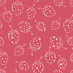 Hand drawn strawberry seamless vector pattern. Pink strawberry with black doodle stroke on pink pastel background.