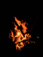 Campfire at night in nature with black background