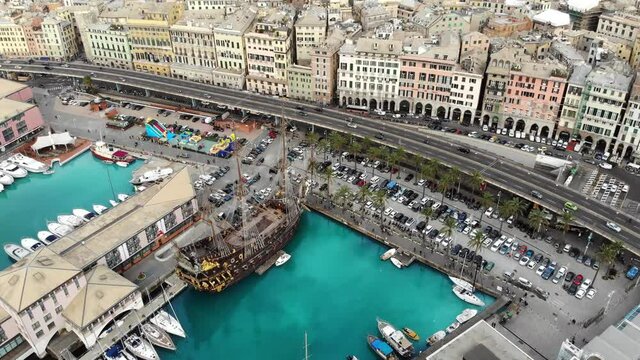 Aerial View Of The Harbor, Highway And Historic Buildings Of Genova City (Genoa)