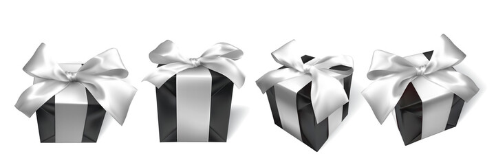 Realistic black gift box with white bow isolated on white background. Vector illustration