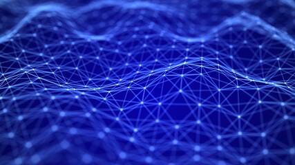 Digital dynamic wave. Abstract futuristic blue background with dots and lines. Big data visualization. 3D rendering.