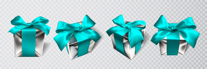 Realistic gift box with blue bow isolated on gray background. Vector illustration