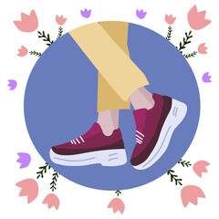 Women legs in the 
stylish sneakers. Summer theme.  Hand drawn vector colored trendy illustration. Flat design