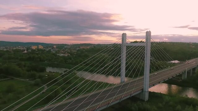 Przemyśl, Subcarpathian / Poland 29th may 2020: Most Brama Przemyska bridge aerial view at the sunset